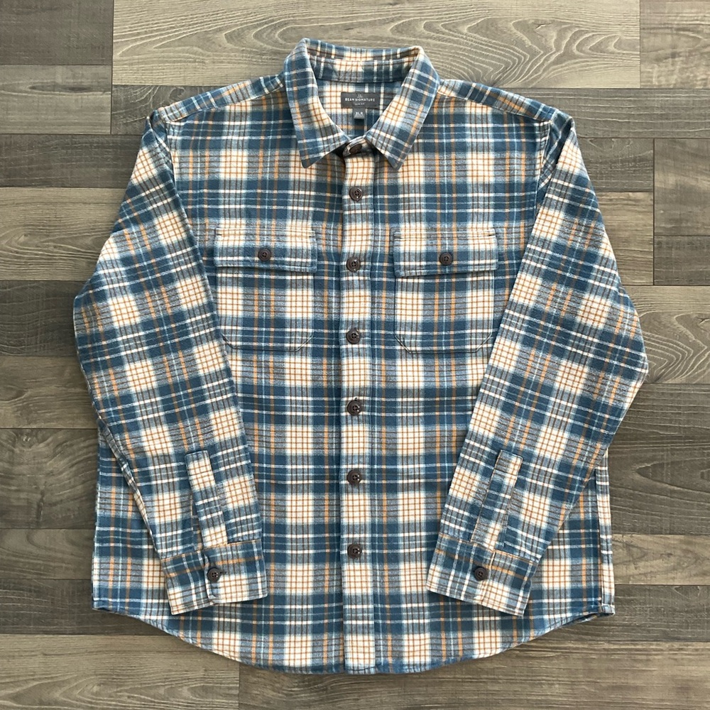 LL Bean Signature 1933 Chamois Cloth Shirt Men’s XL Slim Blue Tan Plaid 290020